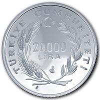 Trkei 20.000 Lira Fuball Weltmeisterschaft Italien 1990 Silber Rckseite